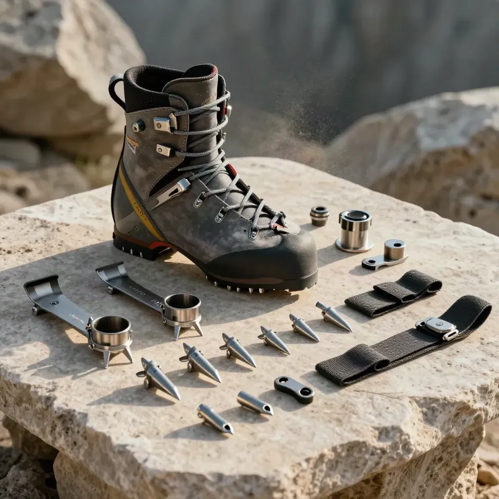 Bota rígida de montaña con piezas de crampones alineadas sobre mesa de piedra clara.