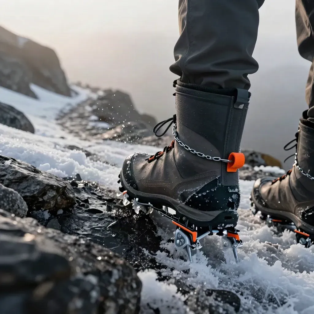 Antideslizantes ligeros sobre una bota de montaña, con nieve, hielo y niebla al amanecer.