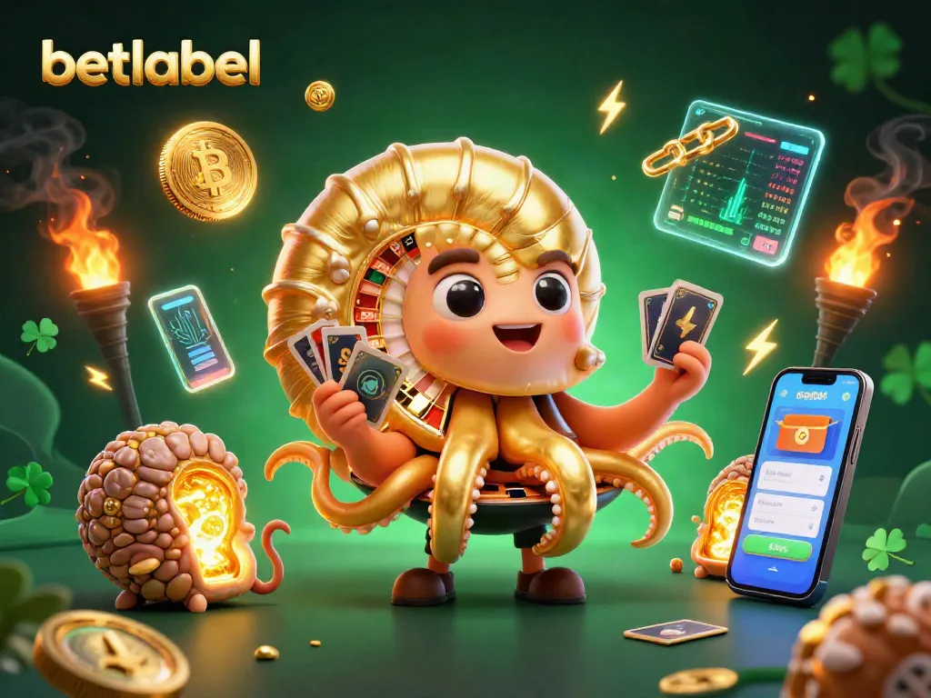 Engage with betlabel's thrilling casino scene featuring a giant nautilus roulette wheel, glowing crypto coins, and cards.