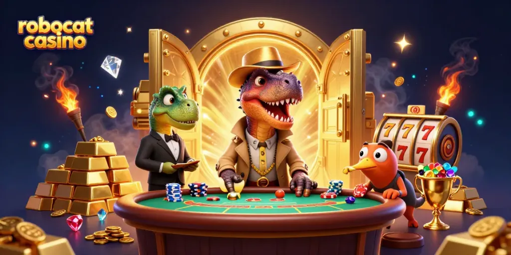 Experience the excitement of robocat casino with a playful velociraptor and stegosaurus at a blackjack table.
