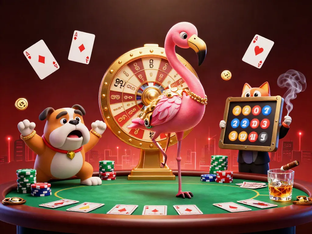 Excited bulldog and flamingo host showcasing betlabel casino prizes at a vibrant game show.